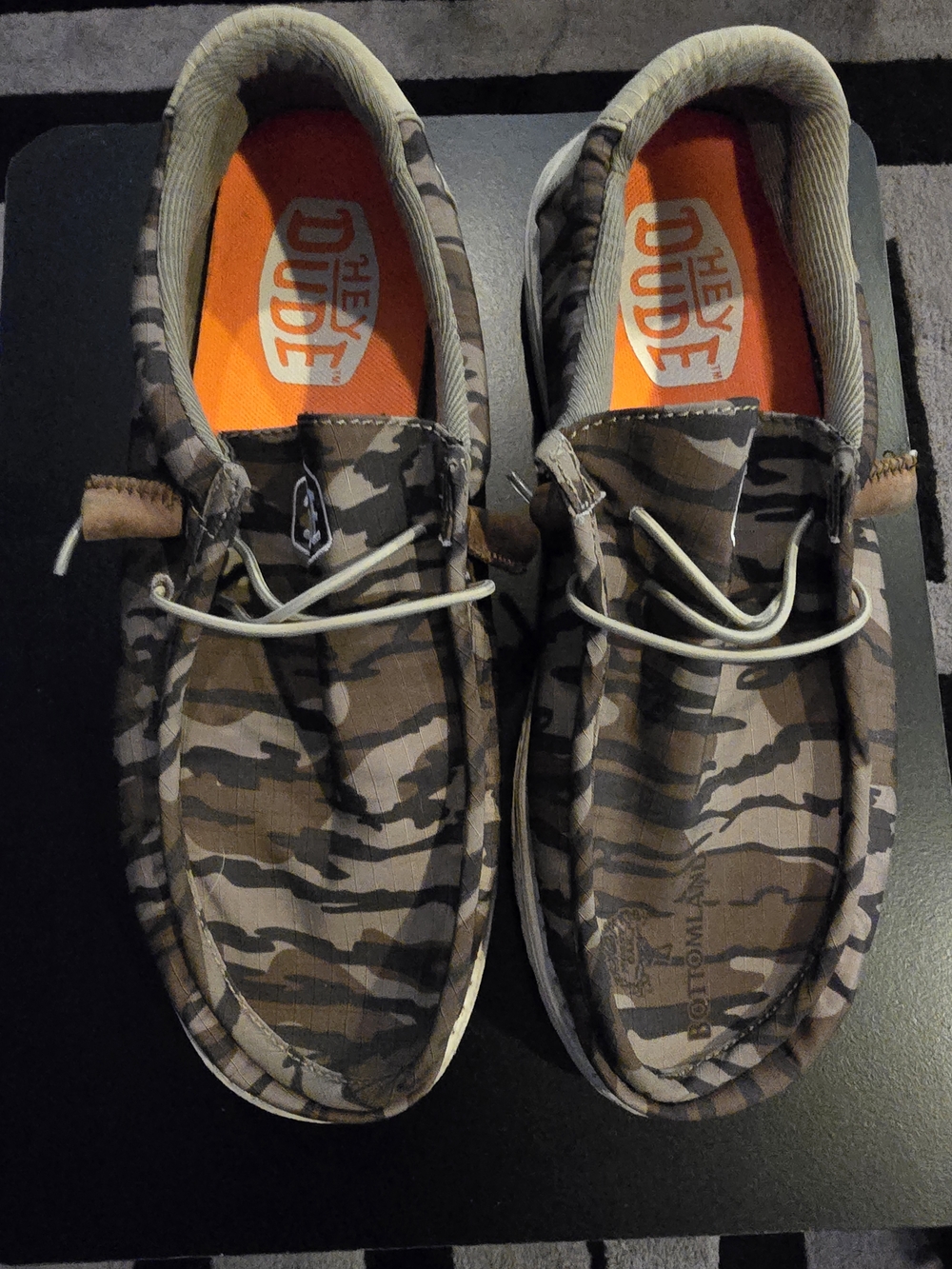 Hey Dude Men's Camo Slip-On Loafers in Brown and Tan with Orange Insole